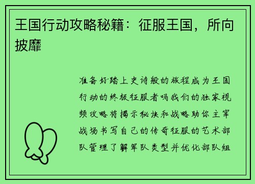 王国行动攻略秘籍：征服王国，所向披靡